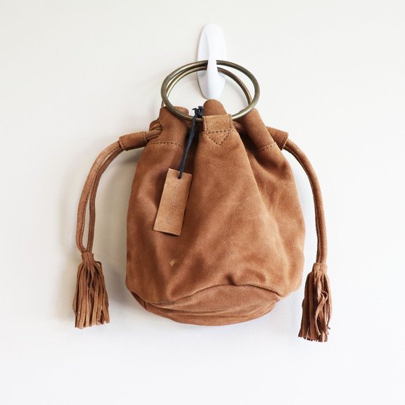 Cost Plus World Market Handbags - Boho Fringe Brown Tan Suede Top Handle Bucket Bag